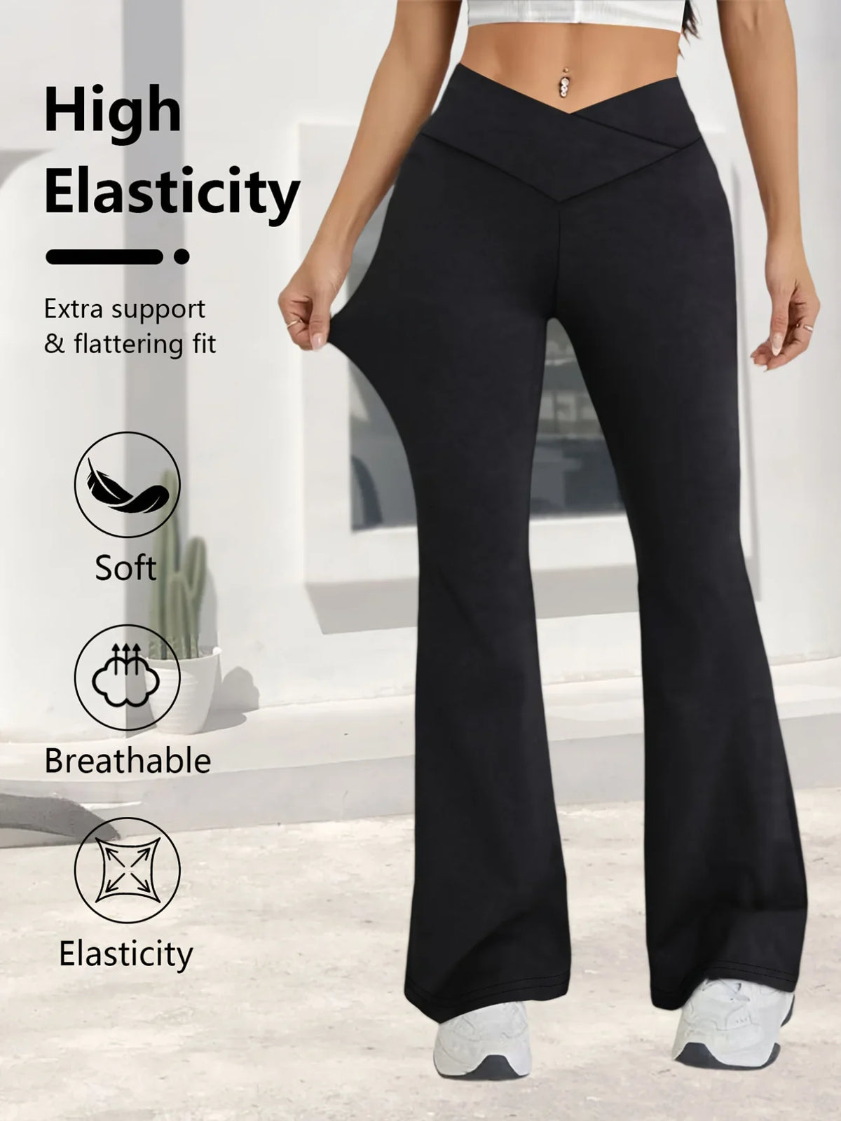 flared hem cross-waist design, casual sports trousers – Relaxed women's high-waist wide-leg leggings