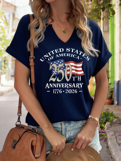Plush women's graphic tee - V-neck, polyester-elastane blend, for USA 250th anniversary
