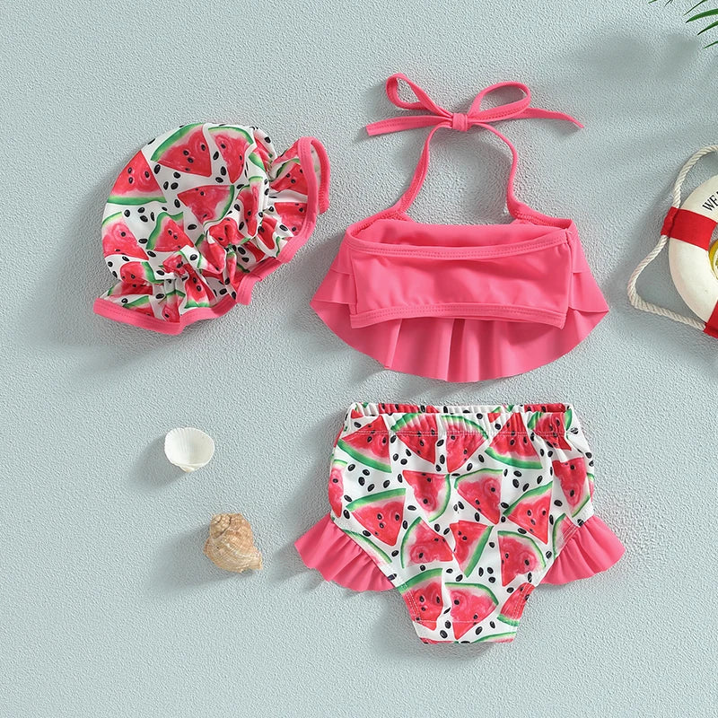 Plush girls' bikini swimsuit - halter-neck ruffle crop top, mermaid scale print, shorts, polyester, for summer vacation