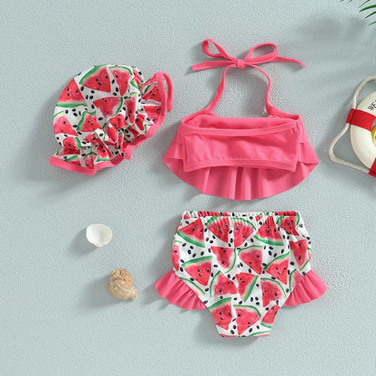 Plush girls' bikini swimsuit - halter-neck ruffle crop top, mermaid scale print, shorts, polyester, for summer vacation