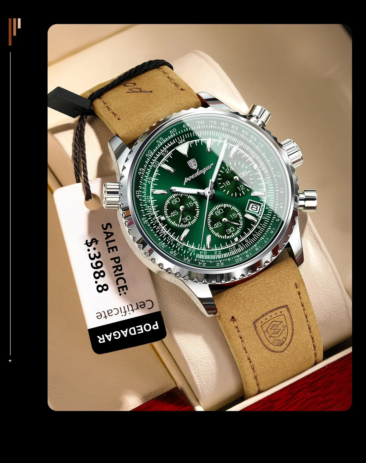Quartz Chronograph Watch Water-Resistant Luminous Date Leather