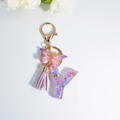 Letter Sequin Keychain With Butterfly Tassel Charm