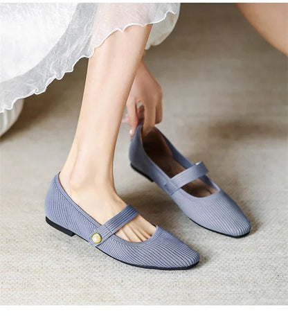 Women Stretchy Mary Jane Flats - Ribbed Knit For Spring