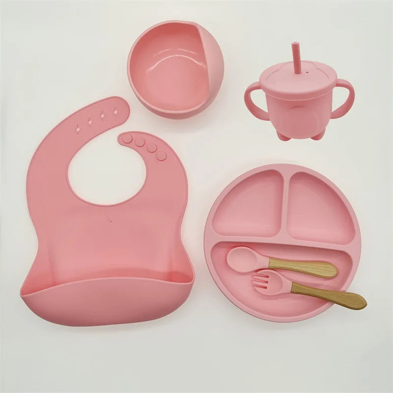 Baby Silicone Tableware Kit 8 Piece Suction Bowls Divided Plate Bib Spoon Fork Fall 2025 Self Feeding Aid