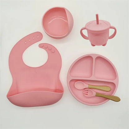 Baby Silicone Tableware Kit 8 Piece Suction Bowls Divided Plate Bib Spoon Fork Fall 2025 Self Feeding Aid