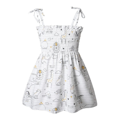 Plush girls' sundress - smocked bodice, daisy print, polyester, for casual summer outings