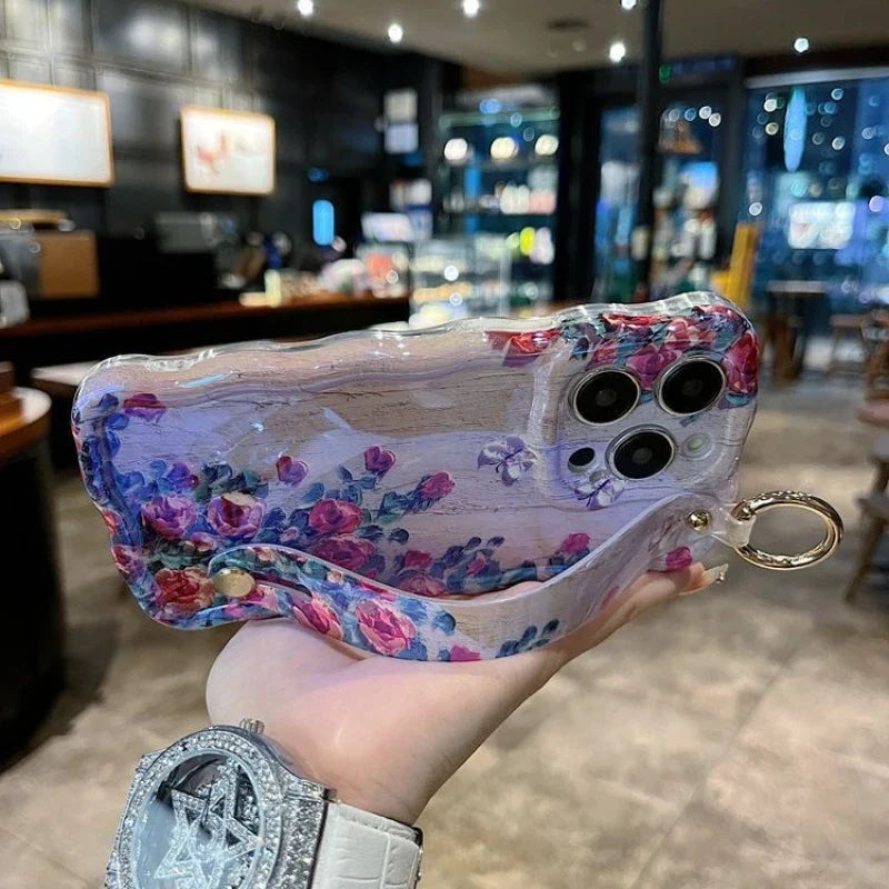 Painting Oil Flower Phone Case for iPhone 15 14 13 12 11 Pro Max with Wrist Band and Kickstand