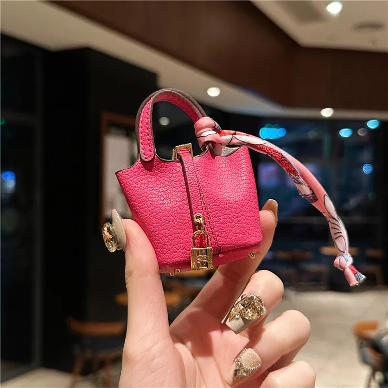 Inspired Birkin Mini Hand Bag - Leather Basket Bag Charm Keychain & Earphone Case