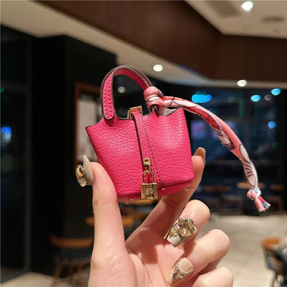 Inspired Birkin Mini Hand Bag - Leather Basket Bag Charm Keychain & Earphone Case
