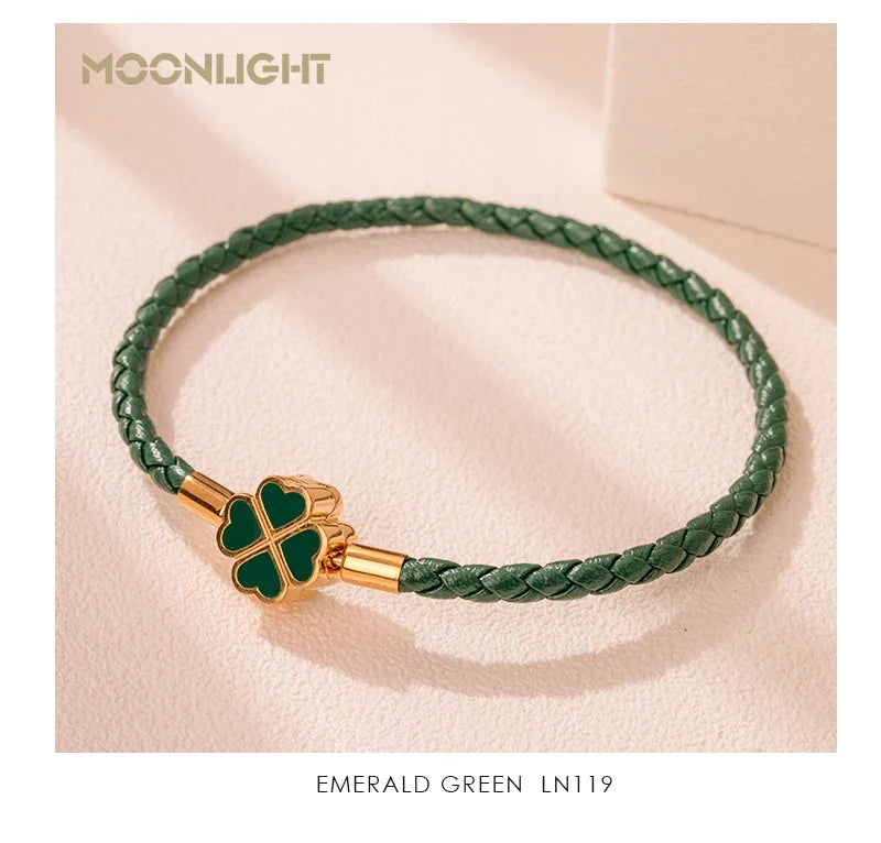 Leaf Four Clover Braided Leather Lucky Bracelet Gift