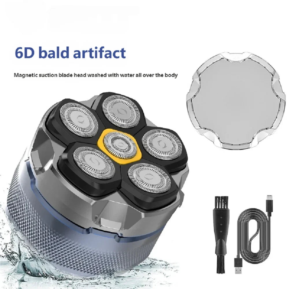 6D Motor-Driven Head Shaver for Men - Water-Resistant Magnetic Rotary Razor with LED Bald Head Hair Trimmer