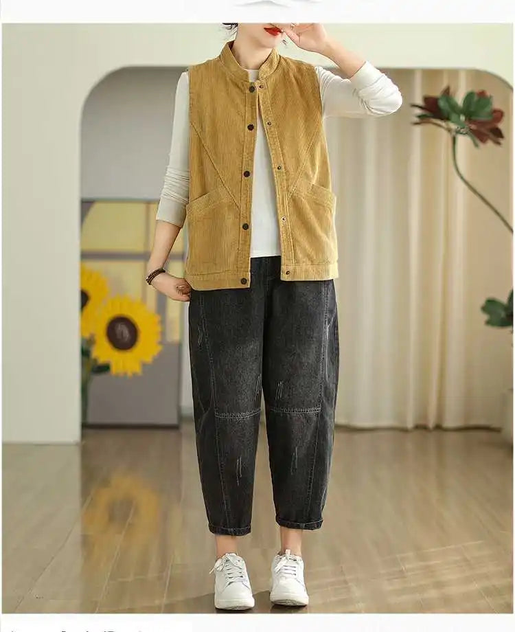 Plush Women's Corduroy Vest - Relaxed Sleeveless, Velvet