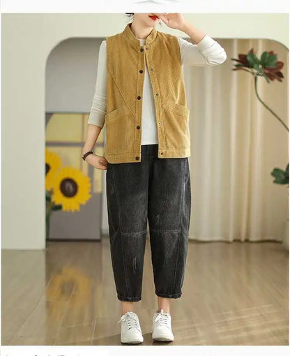 Plush Women's Corduroy Vest - Relaxed Sleeveless, Velvet