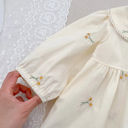 Plush, classic girls' dress - embroidered floral, Peter Pan collar, puff sleeves, cotton, for spring outings