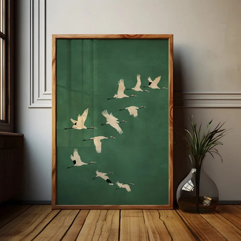 Wall Cranes Art Emerald Green Canvas With Gold Accents