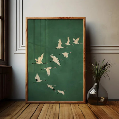 Wall Cranes Art Emerald Green Canvas With Gold Accents
