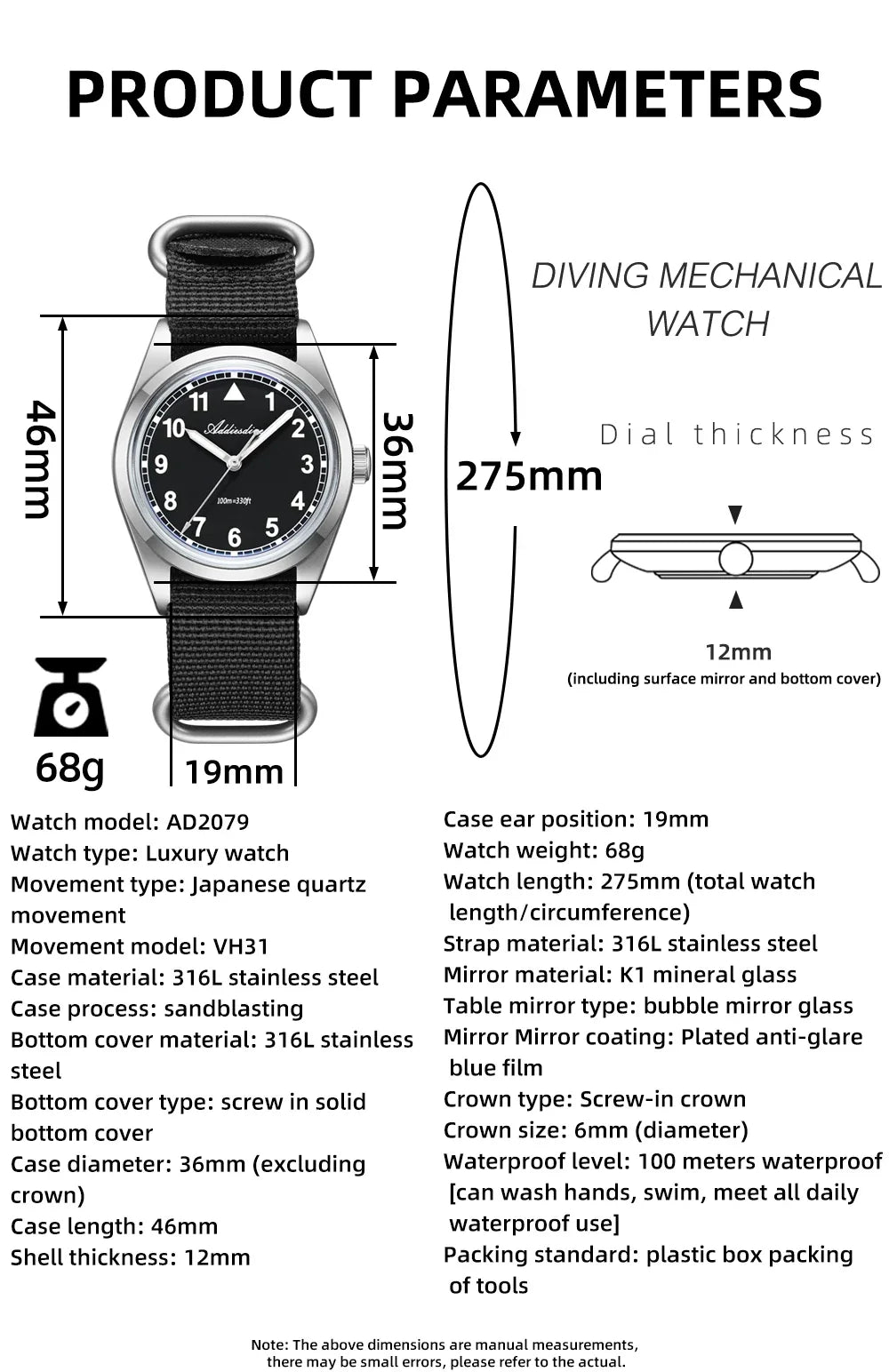 Water-Resistant Diver Quartz Watch Luminous Hands, Nylon Strap, 100m Water Resistance