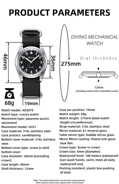 Water-Resistant Diver Quartz Watch Luminous Hands, Nylon Strap, 100m Water Resistance