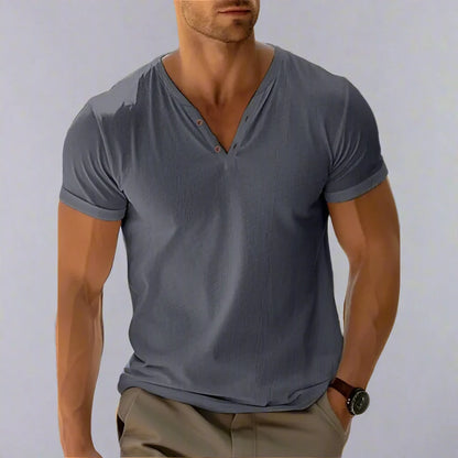 Beach Holiday Casual Men's V-Neck T-Shirt Top - Plush Solid Color Summer Fitness Wear