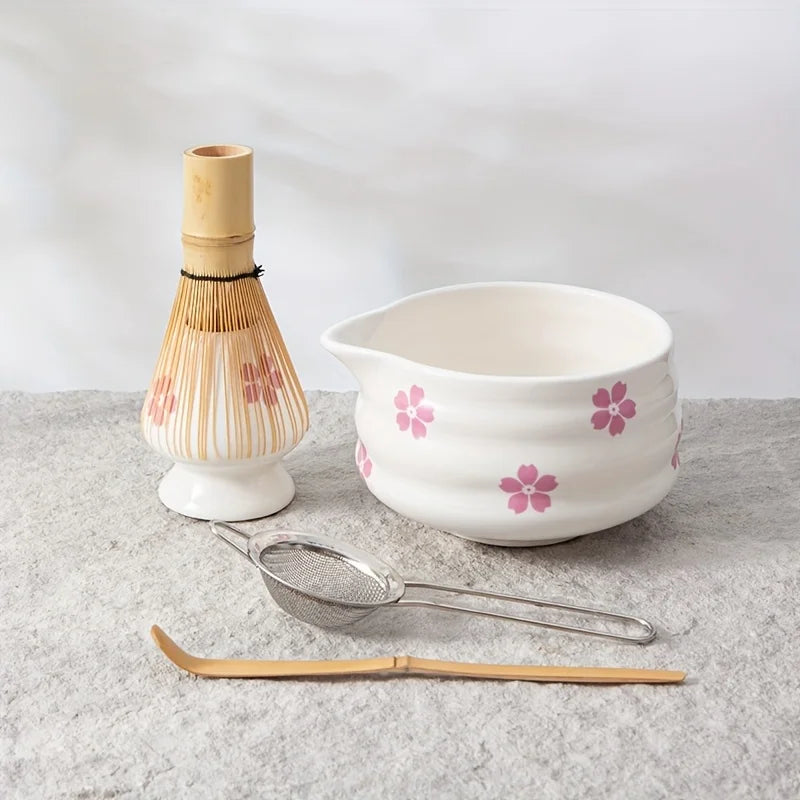 Matcha Bowl White Ceramic Sakura Matcha Tea Kit With Bamboo Whisk And Strainer Spring 2025 Gift