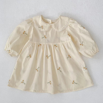 Plush, classic girls' dress - Peter Pan collar, cotton, floral embroidery, mid-calf length for spring
