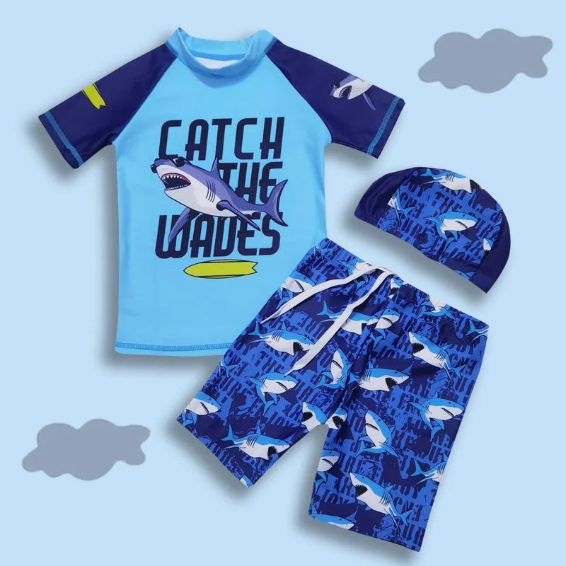 Light, Sturdy Boys' Two-Piece Swimsuit - Rash Guard Top, Shark-Print Trunks, Kit With Hat