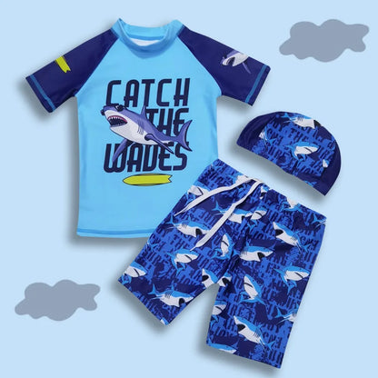 Light, Sturdy Boys' Two-Piece Swimsuit - Rash Guard Top, Shark-Print Trunks, Kit With Hat