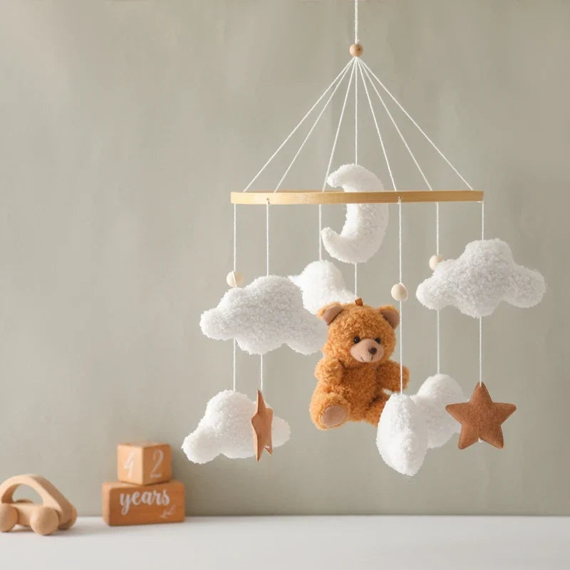 Crib Wooden Mobile Felt Bear Musical Newborn Sensory Toys