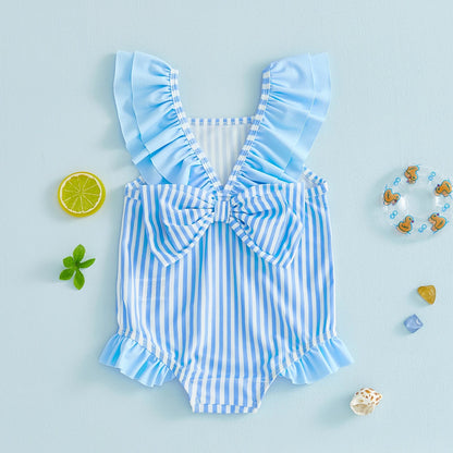 Baby Breathable Girls Swim Romper - Striped Print, Flutter Sleeves, Polyester-Elastane Blend, For Pool and Beach