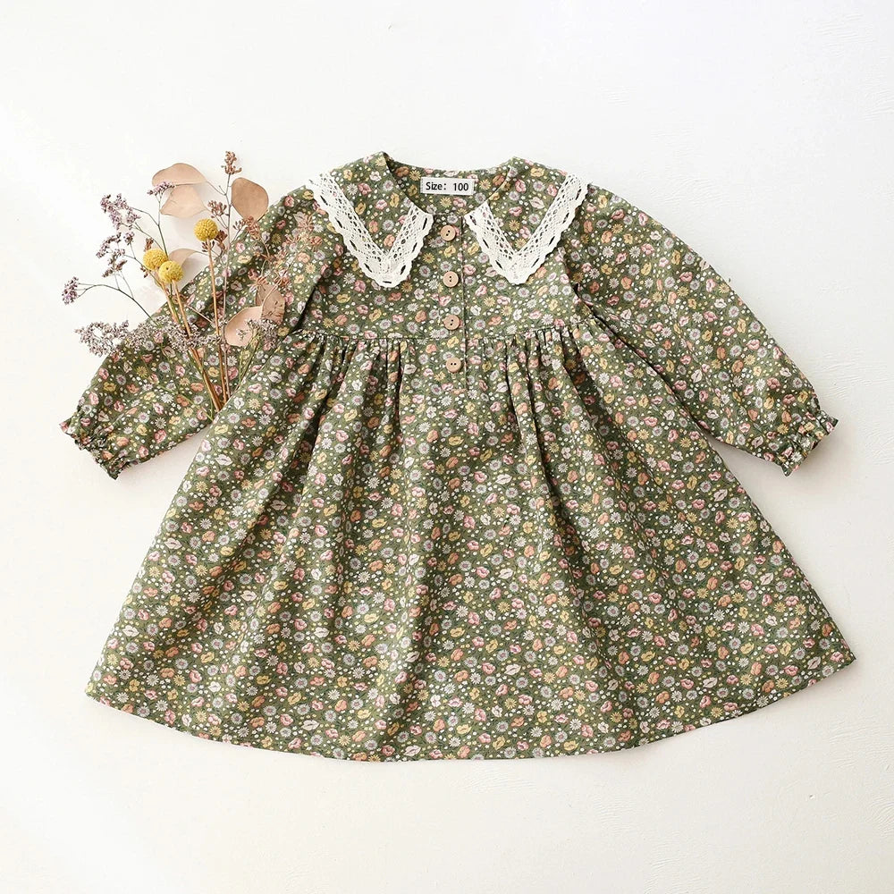 Plush girls' dress - vintage-inspired floral-pattern, cotton, for special occasions and holidays