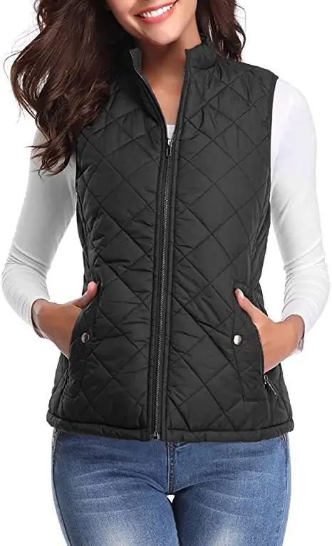Light Women Quilted Vest - Stand Collar Cotton Winter