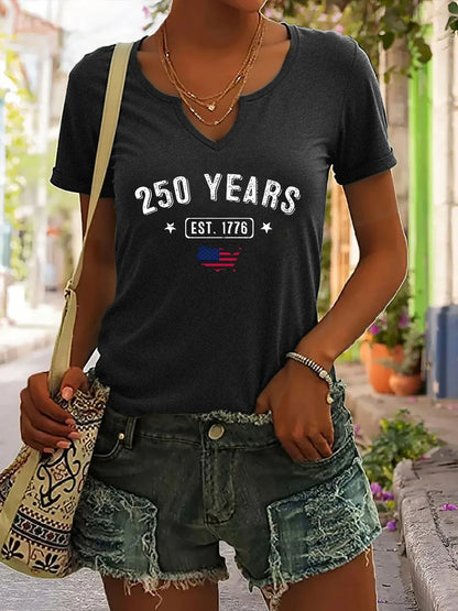 V-neck, short sleeve, patriotic EST.1776 USA print, casual top – Breathable women's t-shirt
