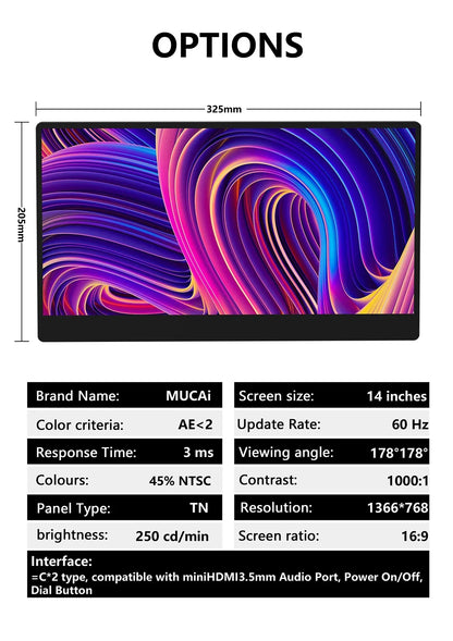 Travel-Friendly 14 Inch Monitor 178 Degree View Built In Speaker
