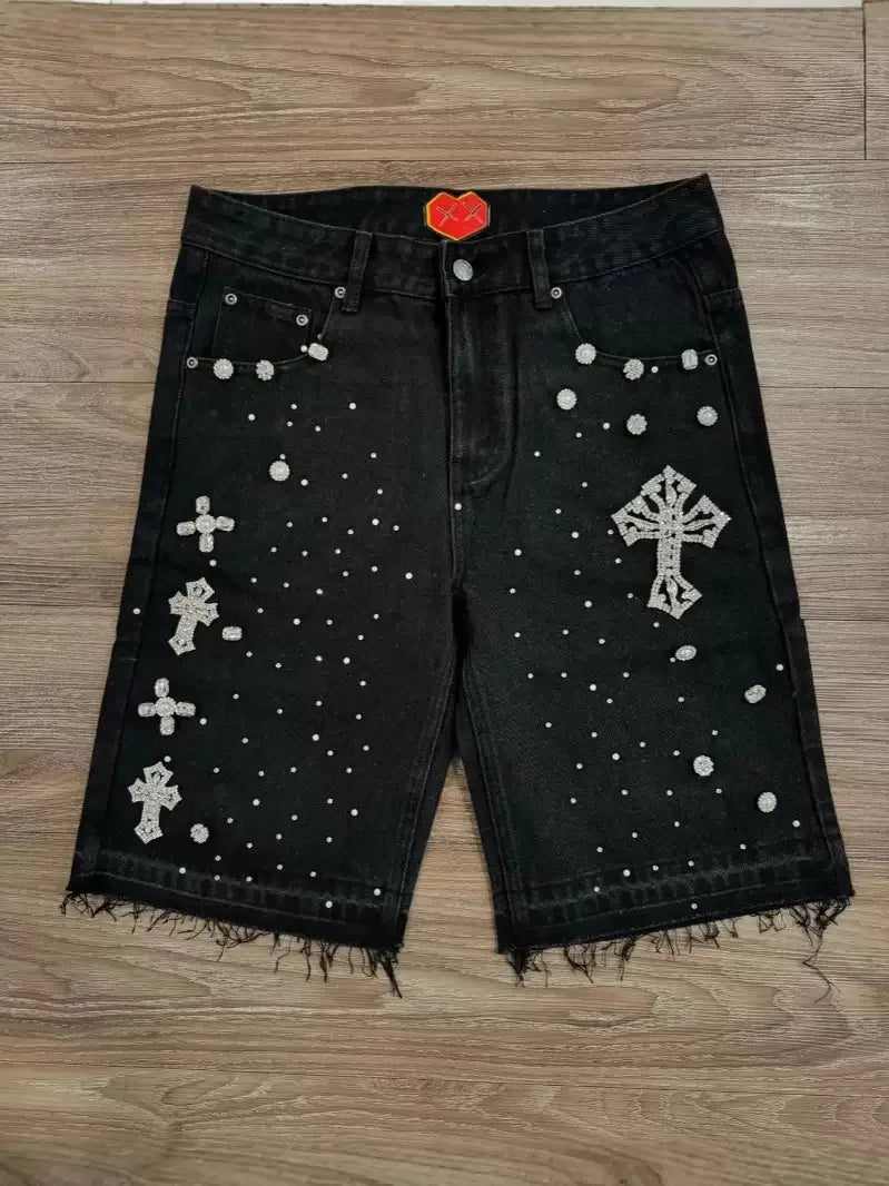 Women's Relaxed Denim Shorts - Straight Knee-Length Cut, Rhinestone Cross Applique, Frayed Hem For Streetwear