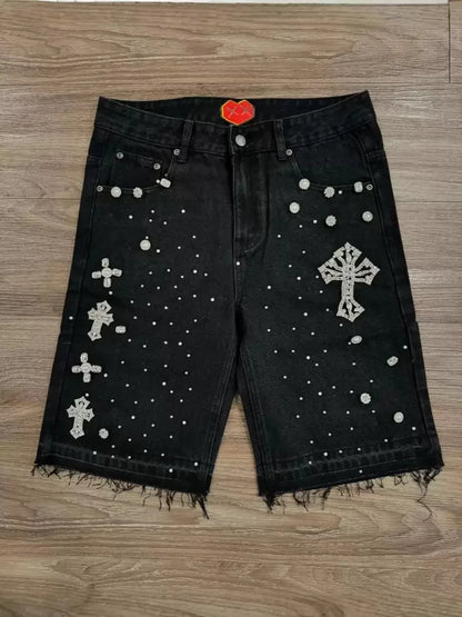 Women's Relaxed Denim Shorts - Straight Knee-Length Cut, Rhinestone Cross Applique, Frayed Hem For Streetwear