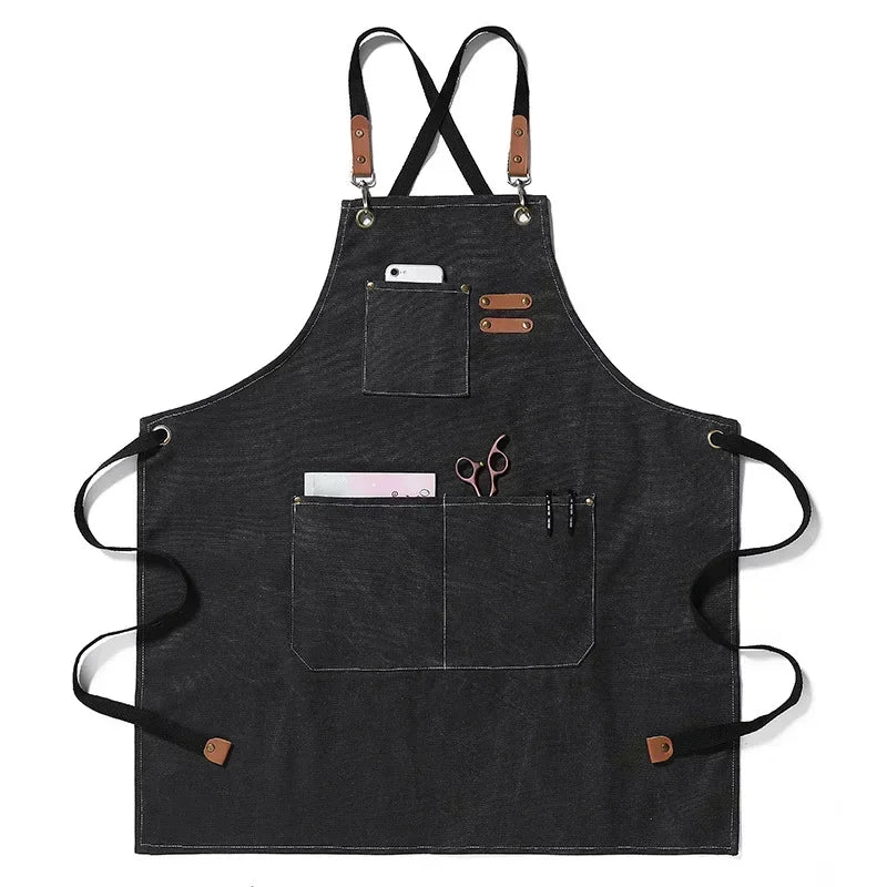 Chef Apron Canvas Crossback Utility Apron With Leather Trim And Pockets Fall 2025 Sturdy BBQ Workshop