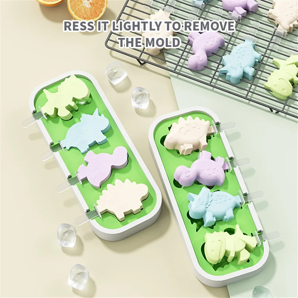 Ice Dinosaur-Shaped Cream Mold and Ice Pop Maker with Lid and Sticks, Food-Grade Silicone, Non-Stick, Temperature Resistant