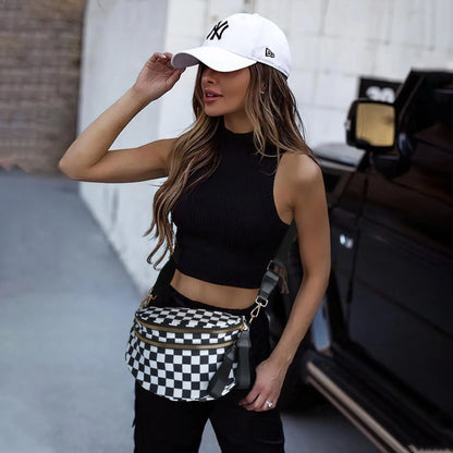 checkered nylon, box shape, travel and daily use – Multi-Use unisex crossbody bum bag