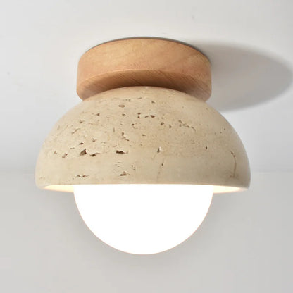 Travertine Japandi Ceiling Light Wood Cap Round Mid Century Lamp
