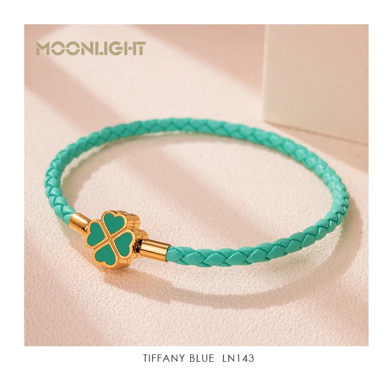 Leaf Four Clover Braided Leather Lucky Bracelet Gift