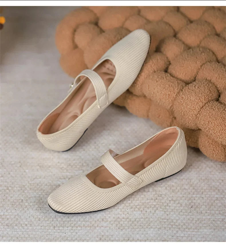 Women Stretchy Mary Jane Flats - Ribbed Knit For Spring