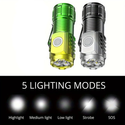 Tactical LED Mini Flashlight - USB Battery-Powered 5 Modes Work Light for Hiking, Camping, Car Repair, Travel-Friendly Torch with Clip & Magnet