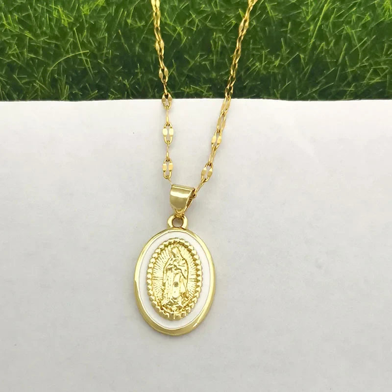 women's Timeless Virgin Mary pendant necklace - 18K gold-plated stainless steel link chain, for everyday wear