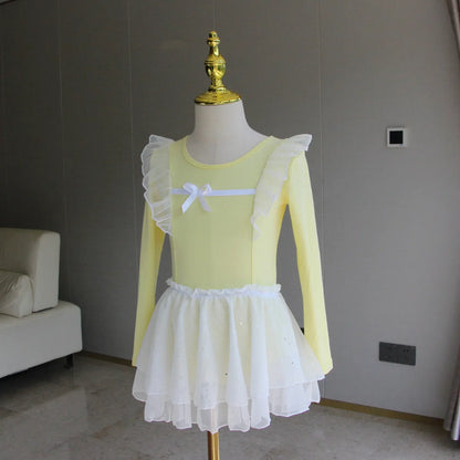 Light girls ballet leotard set - puff-sleeve top, tulle tutu skirt, polyester, for dance class
