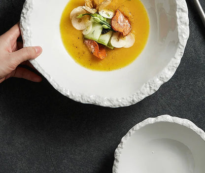 White Porcelain Rock Edge Soup Bowl Contemporary Tableware