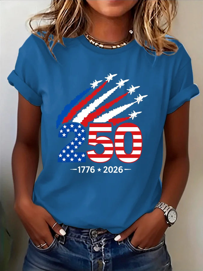 Plush Women's Jet-Print T-Shirt - Short Sleeve, Cotton, 250th Anniversary USA 1776-2026, Casual Wear