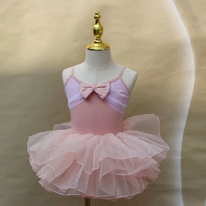 Light girls ballet leotard set - puff-sleeve top, tulle tutu skirt, polyester, for dance class