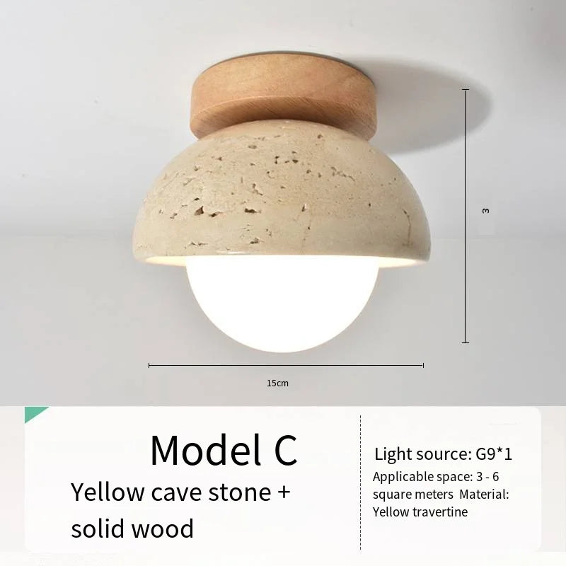 Travertine Japandi Ceiling Light Wood Cap Round Mid Century Lamp