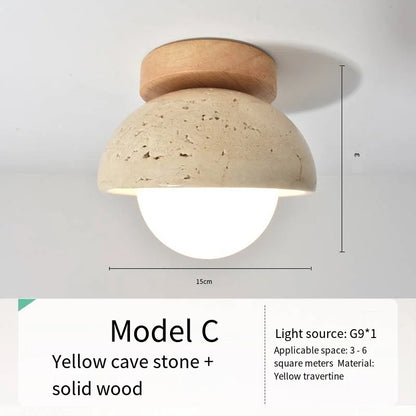 Travertine Japandi Ceiling Light Wood Cap Round Mid Century Lamp