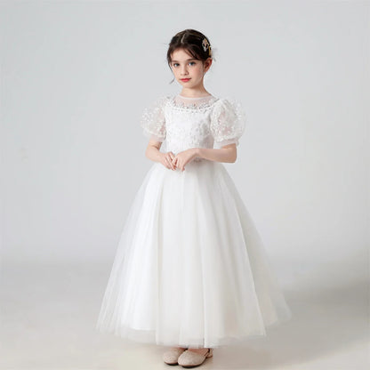 Plush Girls' Dress - Flowy Princess-Cut Lace-Embroidery, Polyester, Wedding Party